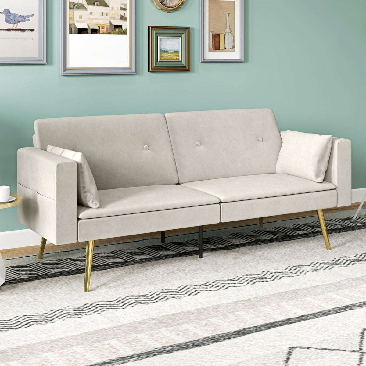 2-Sitzer Bettsofa, Verstellbare R¨¹ckenlehne, weiche Kissen, samtartiger Bezug, f¨¹r Wohnzimmer, G?stezimmer, Beige