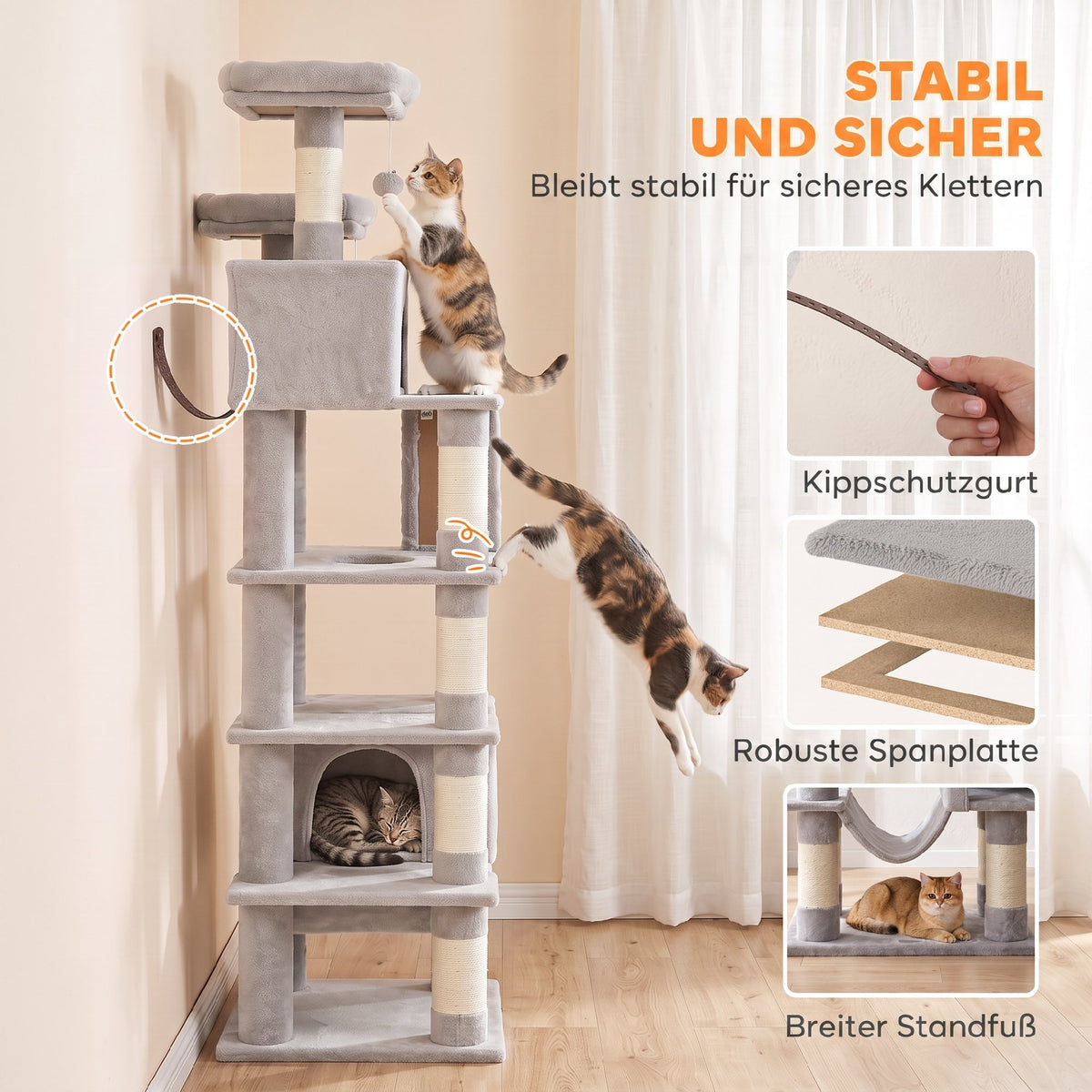 Kratzbaum 204 cm Katzenbaum mit Höhlen Leiter mehrstöckiger Katzenkratzbaum für 1–3 Katzen je bis 6 kg Hellgrau