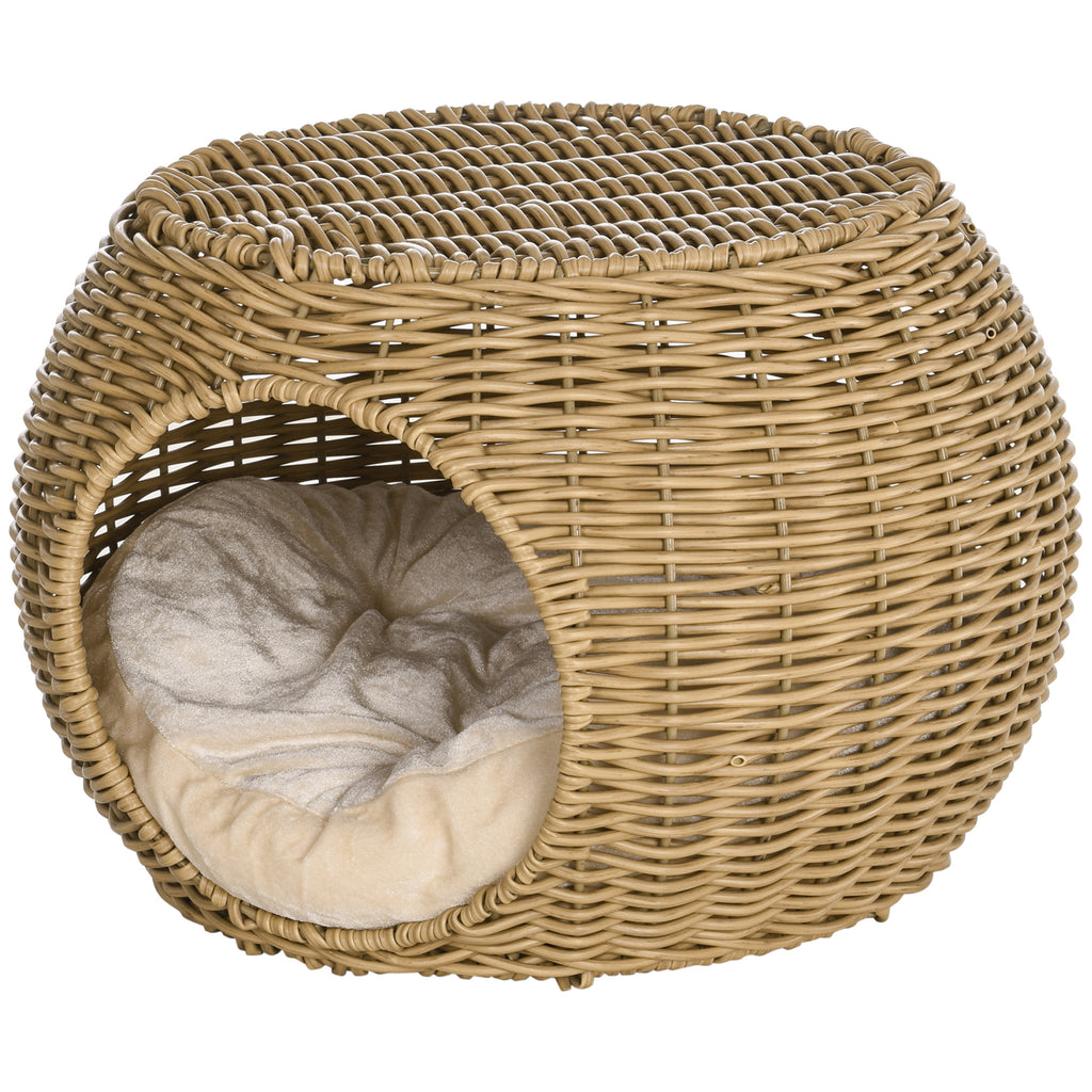 Katzenkorb Rattan zweistöckig Katzenbett Katzenkörbchen mit Kissen Vordertür für Katze unter 3,5 kg Ø40 x 30 cm