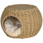 Katzenkorb Rattan zweistöckig Katzenbett Katzenkörbchen mit Kissen Vordertür für Katze unter 3,5 kg Ø40 x 30 cm