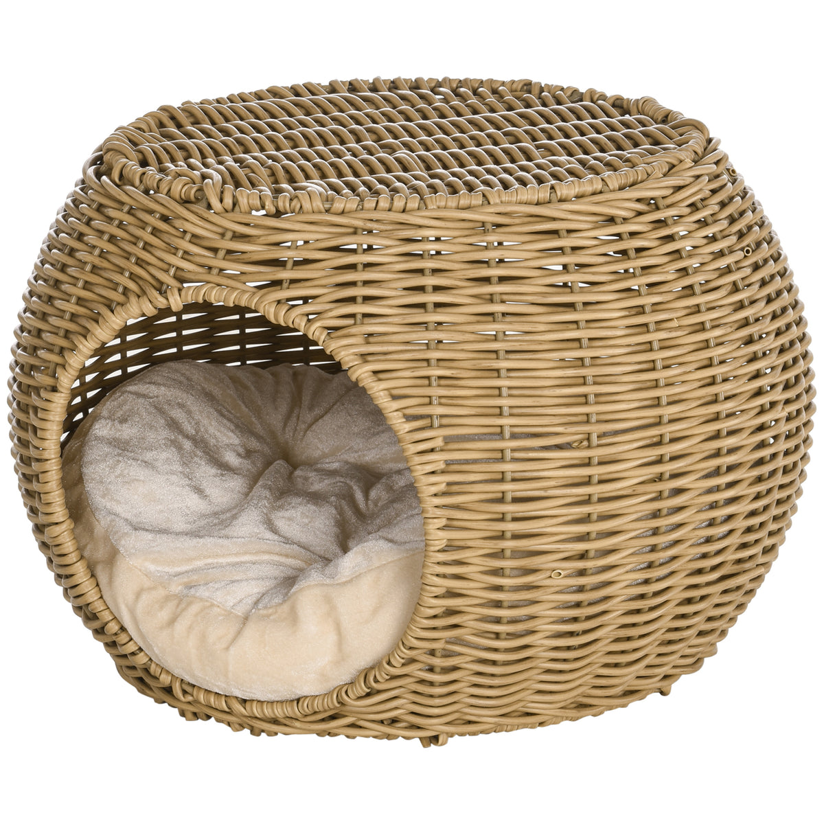 Katzenkorb Rattan zweistöckig Katzenbett Katzenkörbchen mit Kissen Vordertür für Katze unter 3,5 kg Ø40 x 30 cm