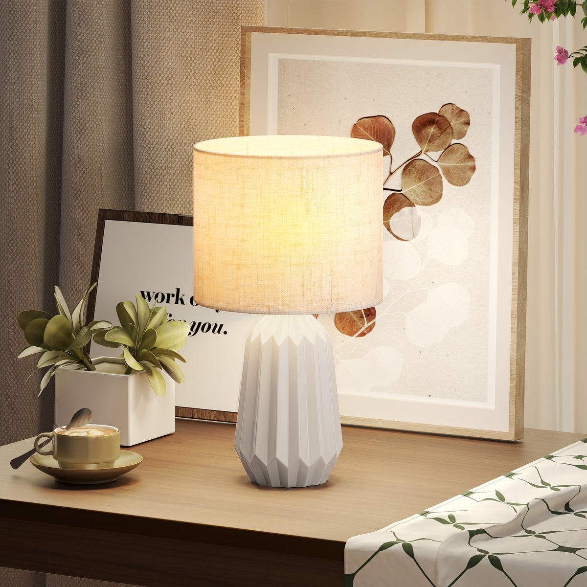 Tischlampe, Tischleuchte, Nachttischlampe mit Leinenschirm, Wippschalter, Schreibtischlampe, 22 x 22 x 39 cm, Beige