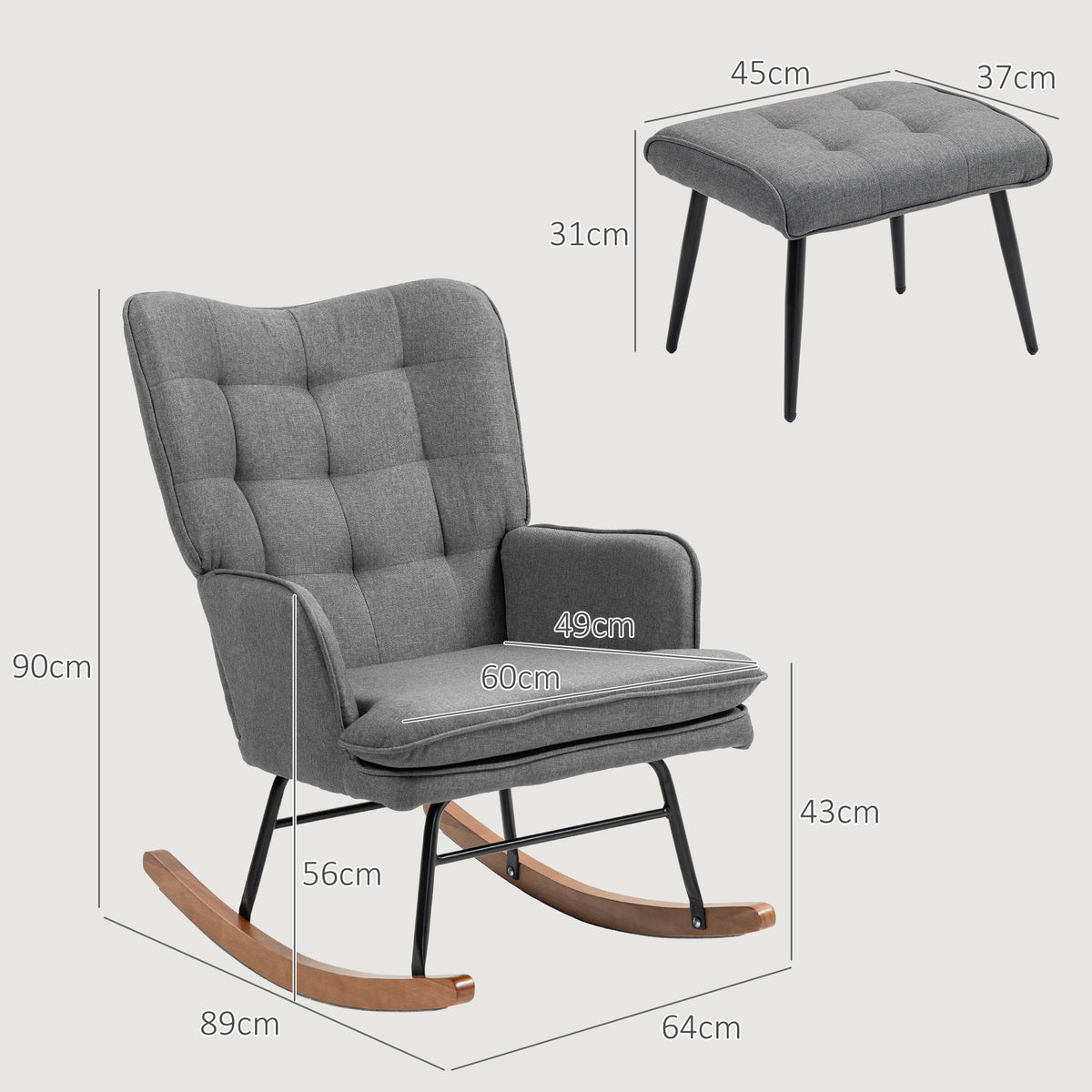 Schaukelstuhl mit Hocker, komfortabel, bis 130 kg, Leinenoptik, 64x89x90cm, Dunkelgrau