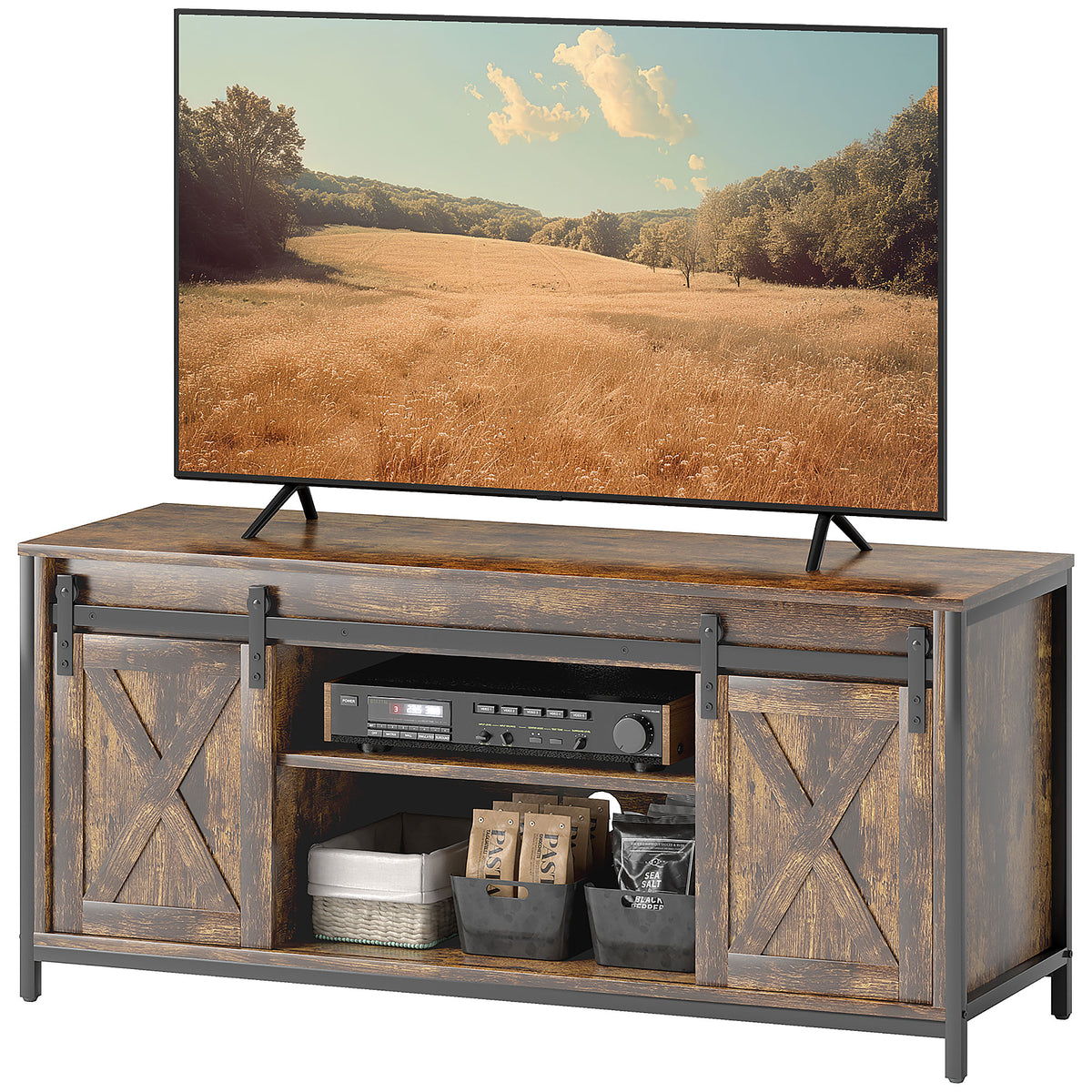 TV Lowboard, Industrial Design, f¨¹r 60'' TVs, 6 F?cher, 2 Schiebet¨¹ren, Braun/Schwarz