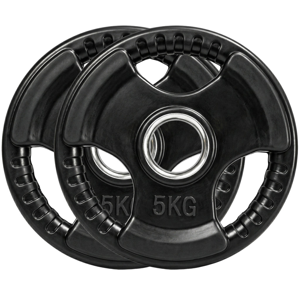 Hantelscheibe, 2er-Set, 5 kg pro Scheibe, drei Griffe, bodenschonender Gummimantel, Metall