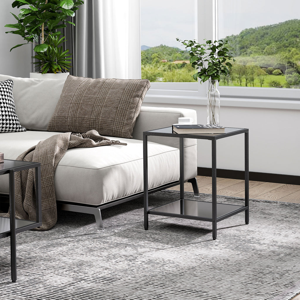 Tempered Glass Side Table with Storage, Modern 2-Tier Bedside Table with Steel Frame, Black