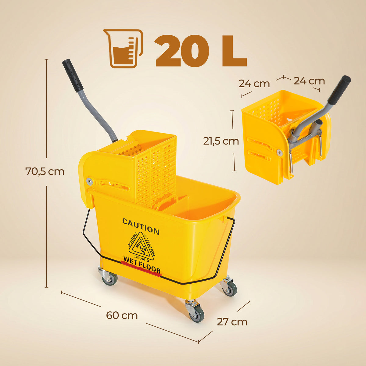 20L Compact Mop Bucket on Wheels, with Water Separation Panel - Yellow