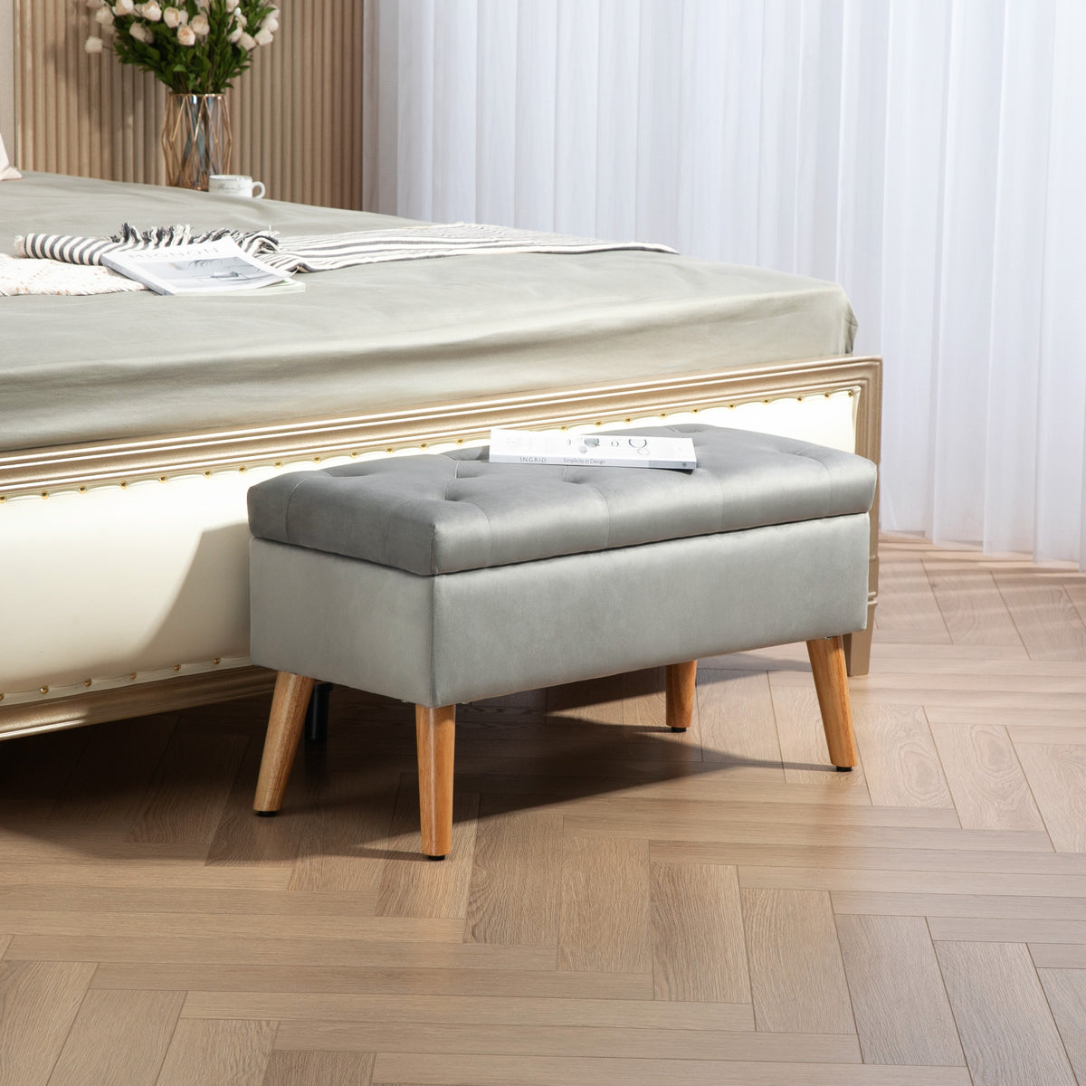 Polsterbank mit Stauraum, Stoffbezug in Samtoptik, Holzbeine, für Wohnzimmer, Schlafzimmer, Flur, 80 x 35 x 42 cm, Grau