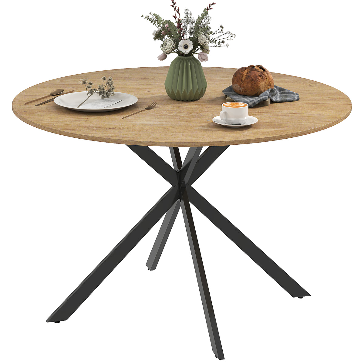 Dining Table for 4, 120 cm Industrial Kitchen Table with Wood Effect Tabletop and Steel Legs, Oak