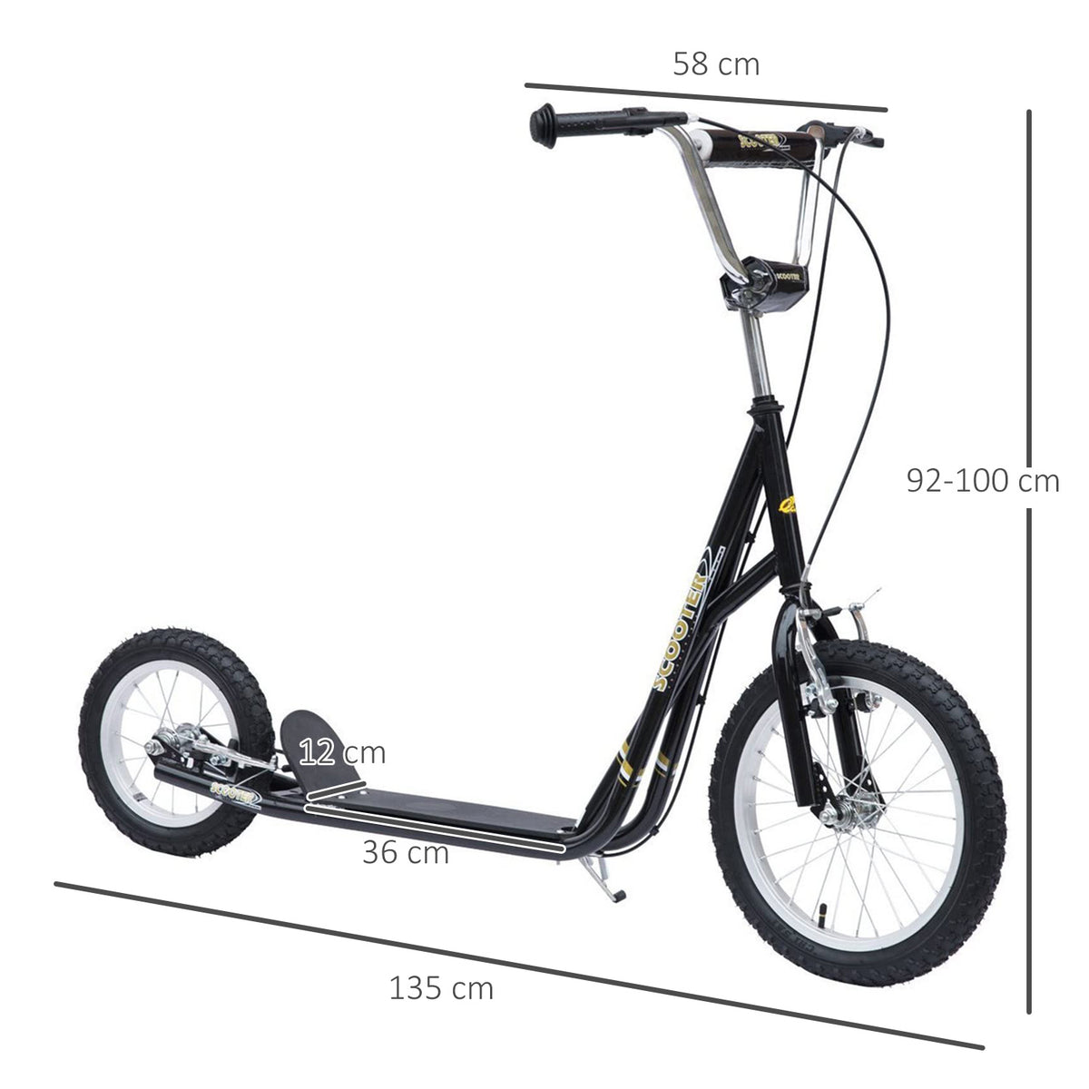 Roller Kinderroller mit Luftreifen Handbremse, 16 Zoll Tretroller Höhenverstellbar Kickscooter für Jungen und Mädchen ab 5 Jahre Kickboard Cityroller Kinder Scooter Schwarz
