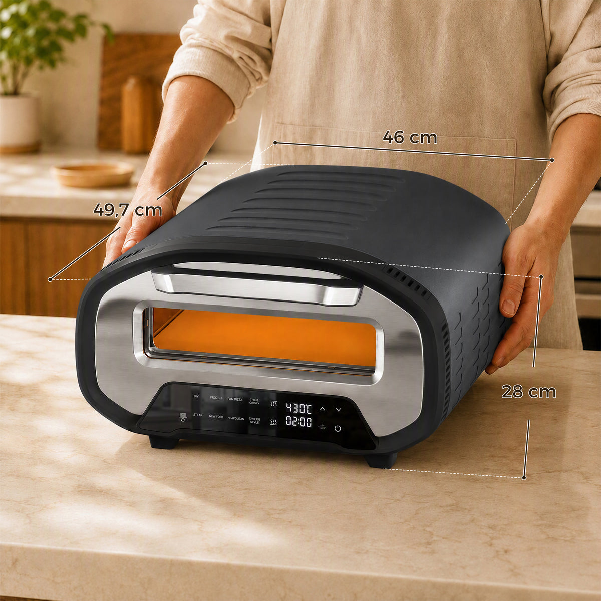 Pizzaofen für innen, 12 Zoll elektrischer Pizzaofen mit 8 Programmen, 430 °C, Timer, Keramikstein, 2200 W