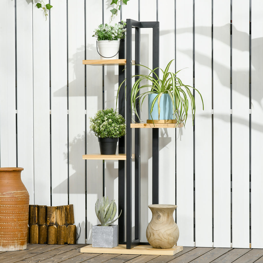 4-Etagen Pflanzenst?nder, Verstellbarer 110 cm hoch Blumenst?nder f¨¹r Innen Au?en Holz Schwarz+Naturholz