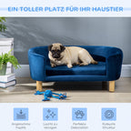 Hundesofa Hundebett aus holländischem Samt Hundecouch mit Rückenlehne, Holzbeine, Kissen Blau