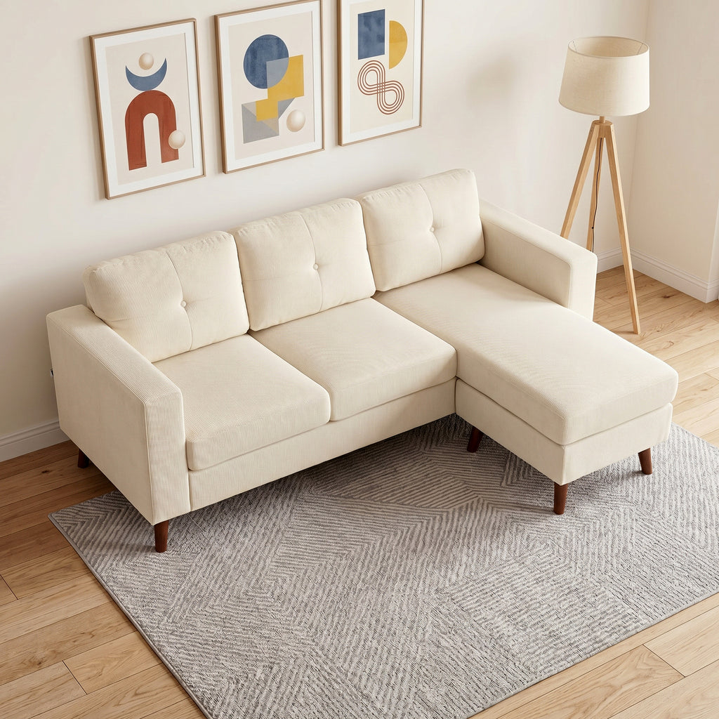 Ecksofa 192 cm L-Form 3-Sitzer Sofa mit umkehrbarer Chaiselongue, Cord-Optik, für kleinen Raum, Cremeweiß