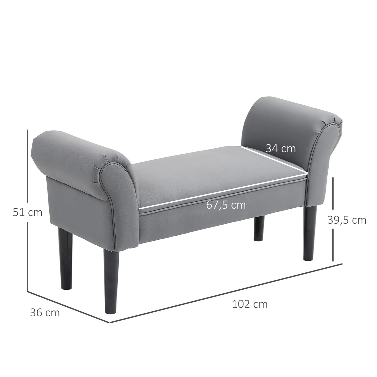 Sitzbank, Bettbank, robuste Bauweise, weiche Polsterung, 102x36x51 cm, Grau