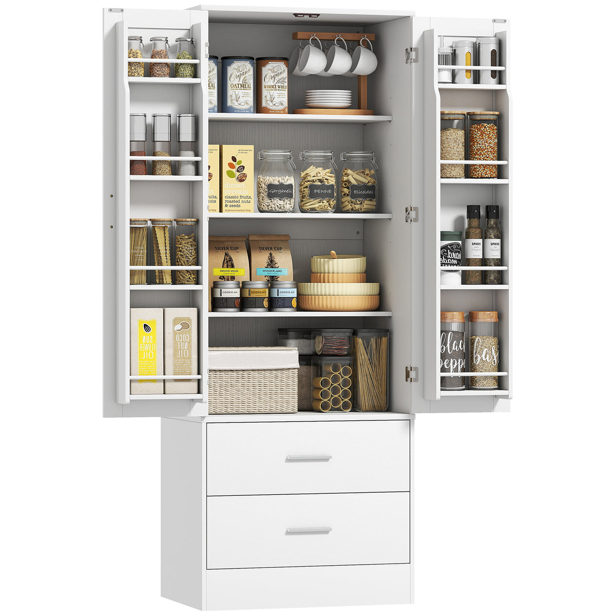 159 cm K¨¹chenschrank, verstellbare Regale, 2 Schublade, f¨¹r K¨¹che, Esszimmer, Spanplatte, MDF, Wei?