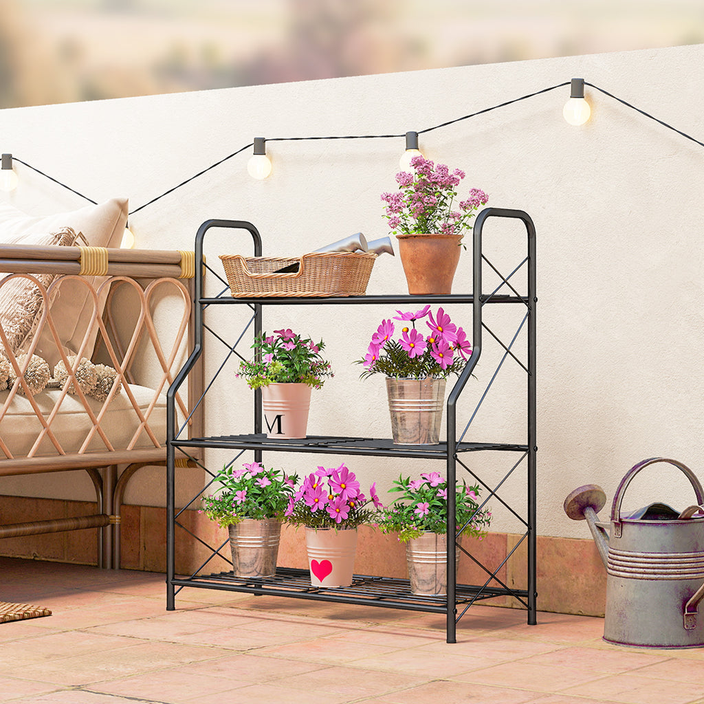 3-Tier Metal Plant Stand, Heavy Duty Ladder Shelf Potted Plants Display Rack, Indoor Outdoor Flower Pot Holder