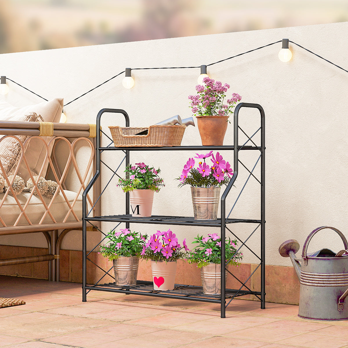 3-Tier Metal Plant Stand, Heavy Duty Ladder Shelf Potted Plants Display Rack, Indoor Outdoor Flower Pot Holder
