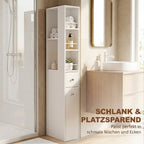 Schmaler hoher Badezimmerschrank, 135 cm Badschrank mit 2 Schubladen, weiß