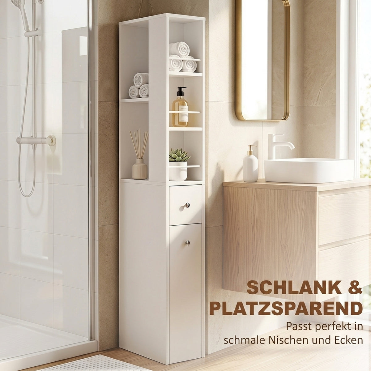 Schmaler hoher Badezimmerschrank, 135 cm Badschrank mit 2 Schubladen, weiß