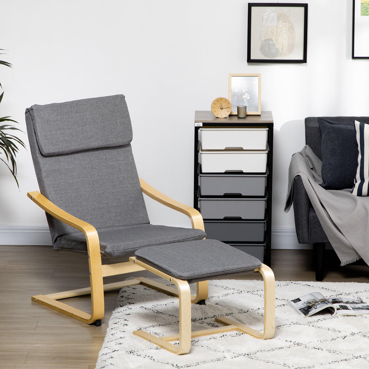 Sessel mit Fußhocker, Sessel-Set, Leinenoptik, Massivholz, Grau + Natur