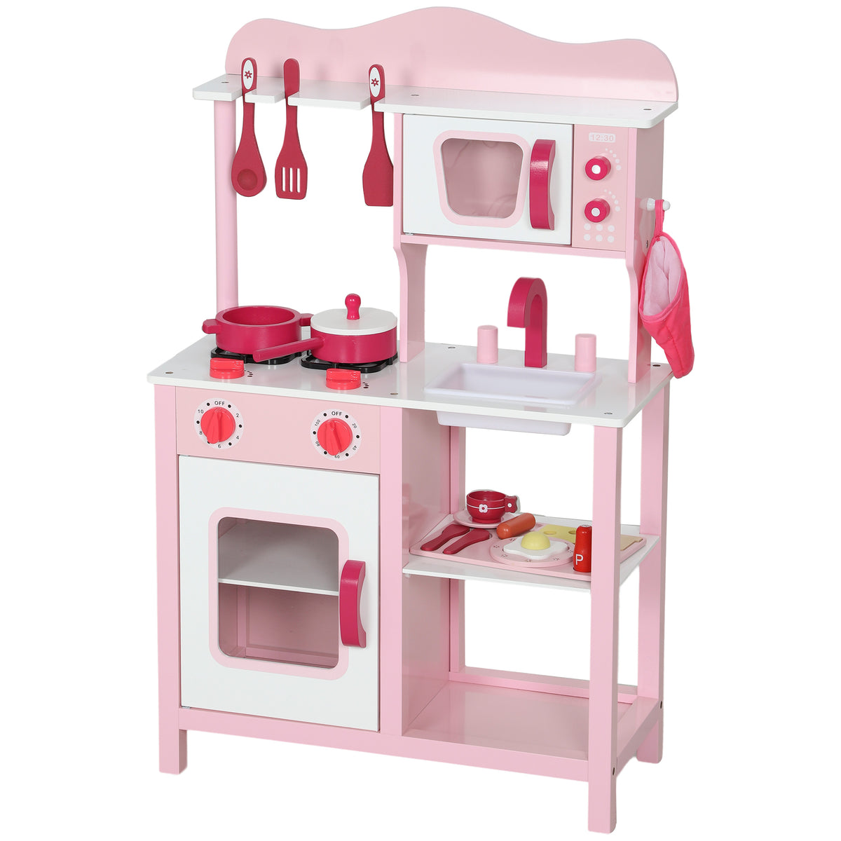 Kinderk¨¹che zum Spielen, Zubeh?r aus Holz, K¨¹chenger?te, kompakt, Ger?usche, Rosa
