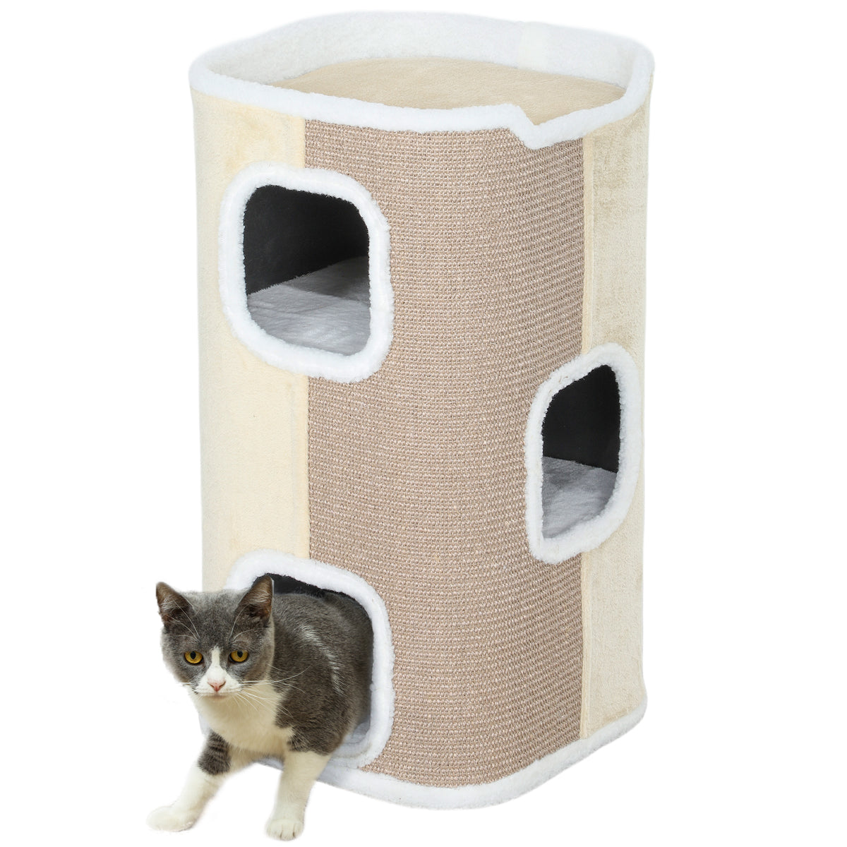 Kratztonne für Katzen, Katzenbaum, 3 Ebenen, robust, weicher Plüsch, Rückzugsort, Beige