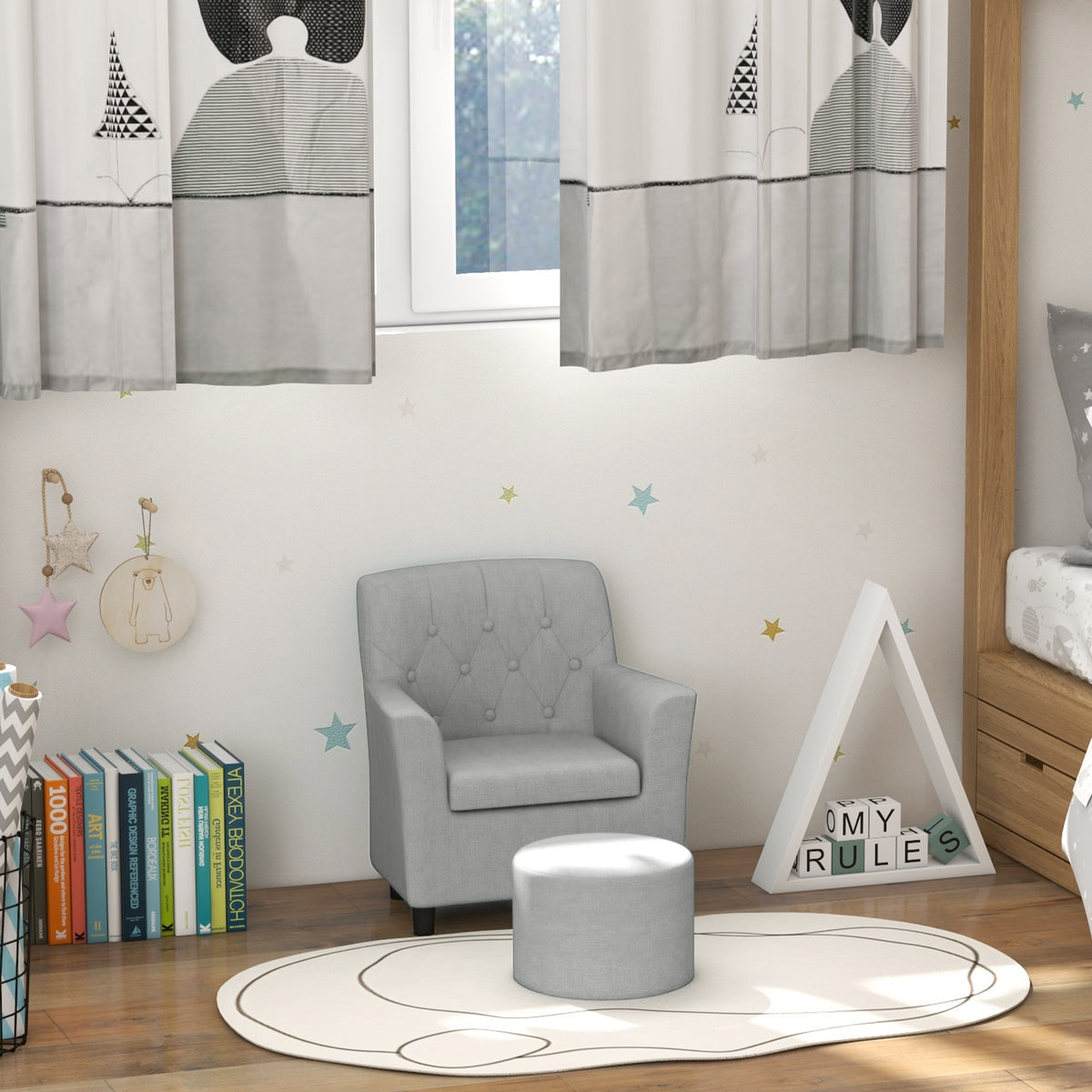 Kindersessel mit Hocker, Rückenlehne Diamantmuster, weiche Sitzfläche, Holzrahmen, Grau