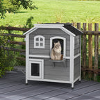 2-story Cat House Outdoor, Weatherproof Wooden Cat Enclosure with Escape Door, Openable Roof, Jumping Platforms, Grey