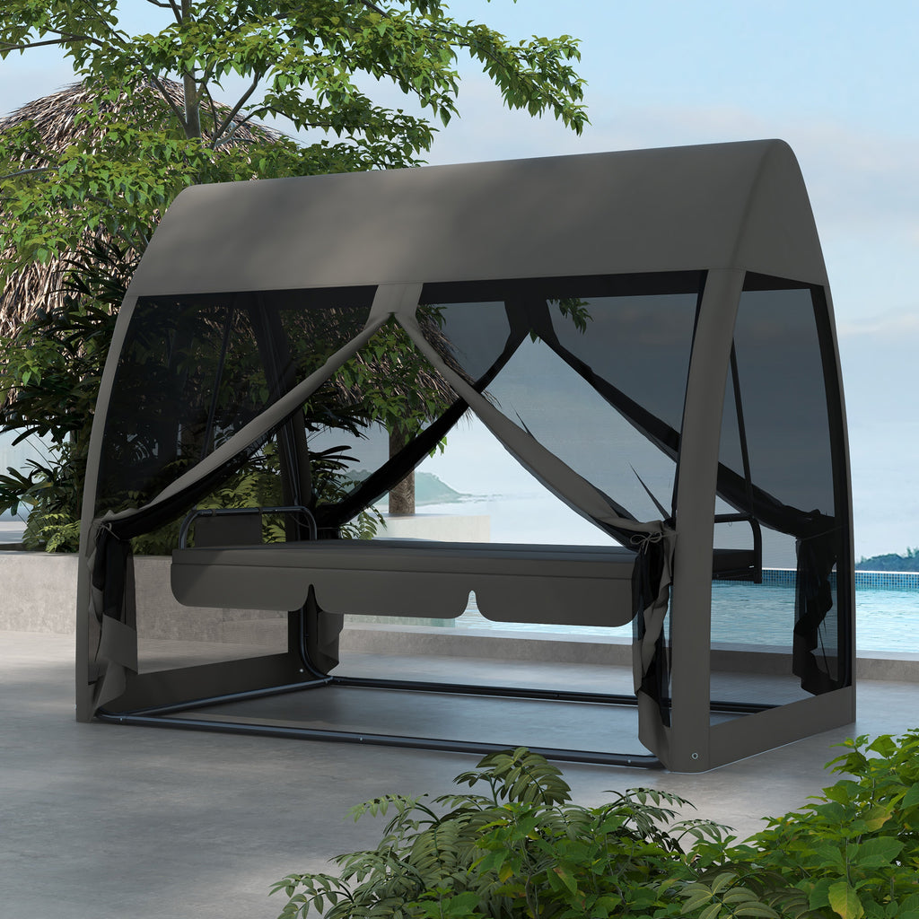 Three-Seater Convertible Swing Chair/Bed, with Curtained Canopy - Grey