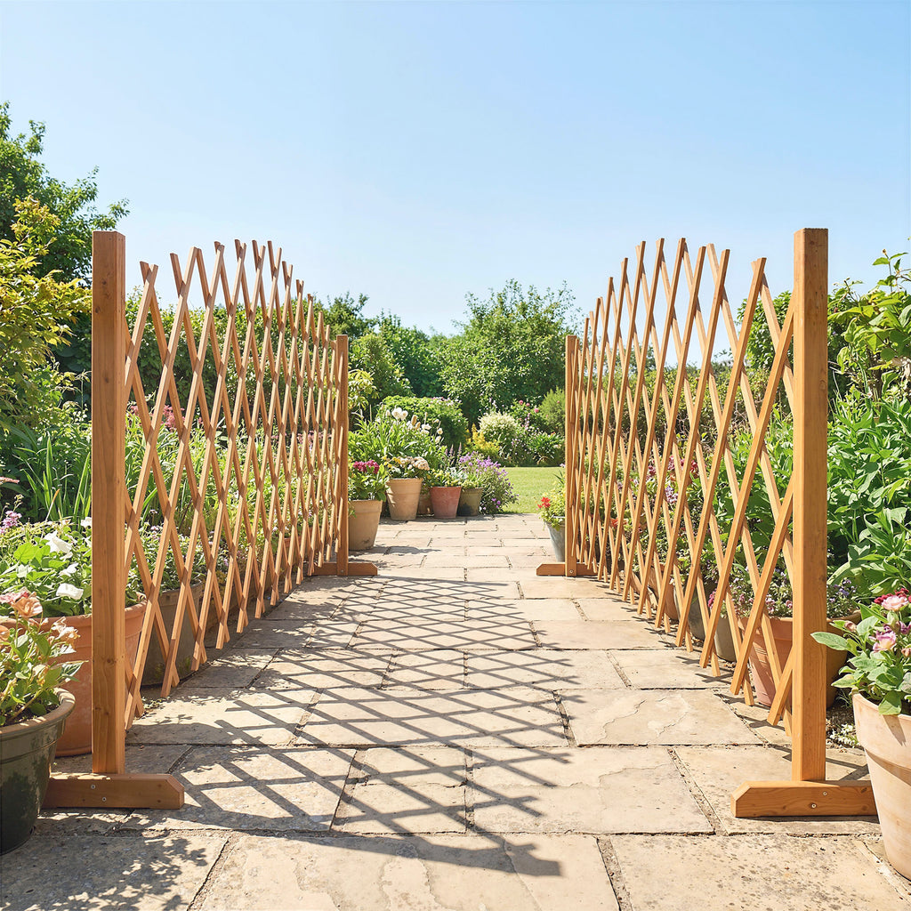 2 Pack Expanding Fence Panels, Wooden Freestanding Garden Fence with Stable Feet, 180 x 30 x 103cm, Brown