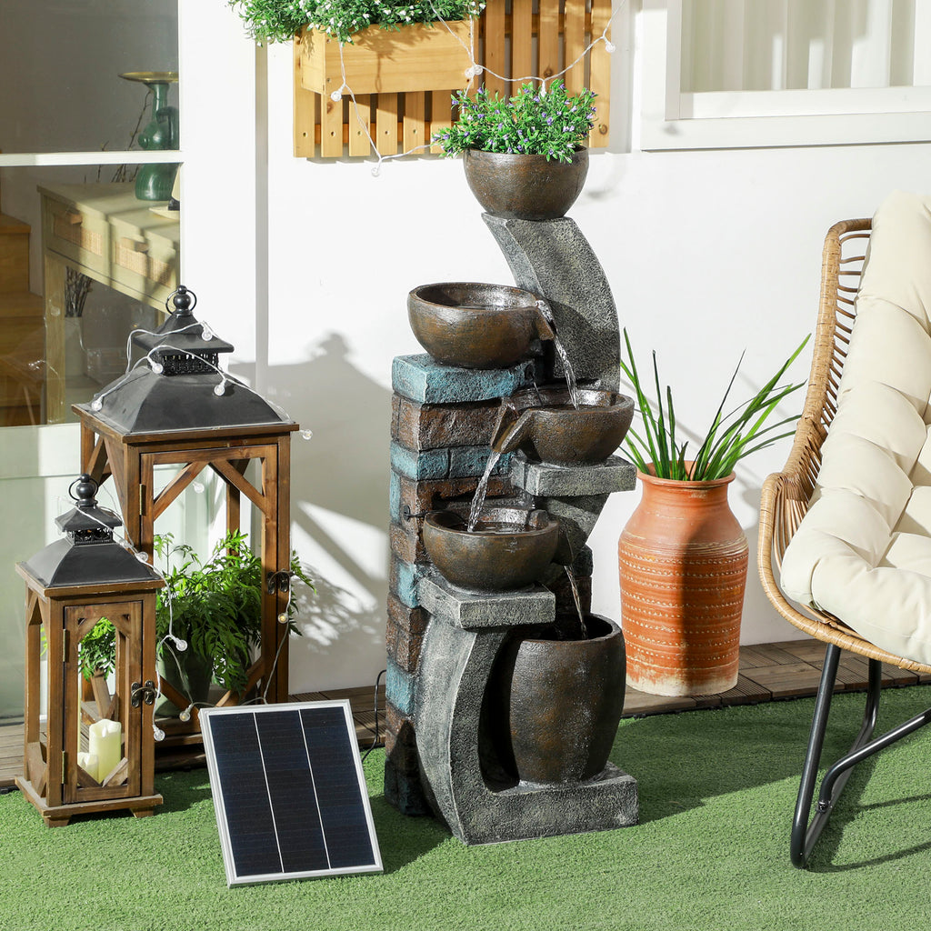 Gartenbrunnen, Backsteinoptik, 5-stufig, Solarbetrieb, LEDs, 107cm, Kunstharz, Grau/Braun