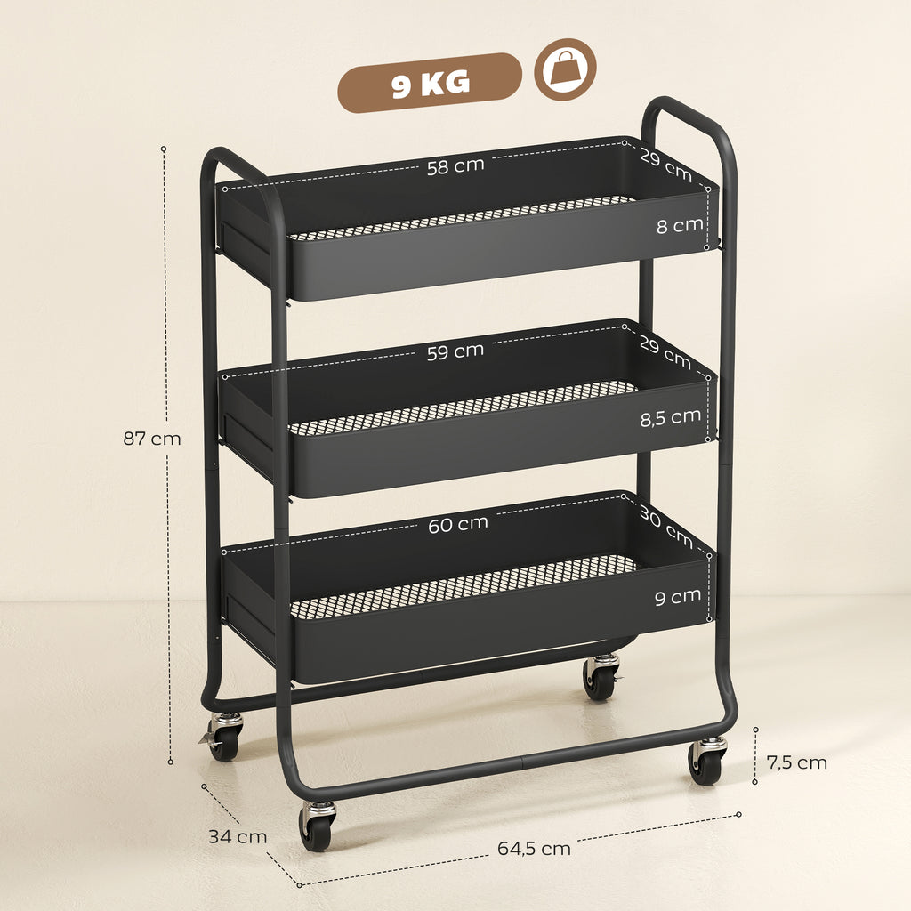 3-Tier Storage Trolley on Wheels, Rolling Utility Cart with Mesh Backets for Kitchen, Bathroom, Bedroom, Black
