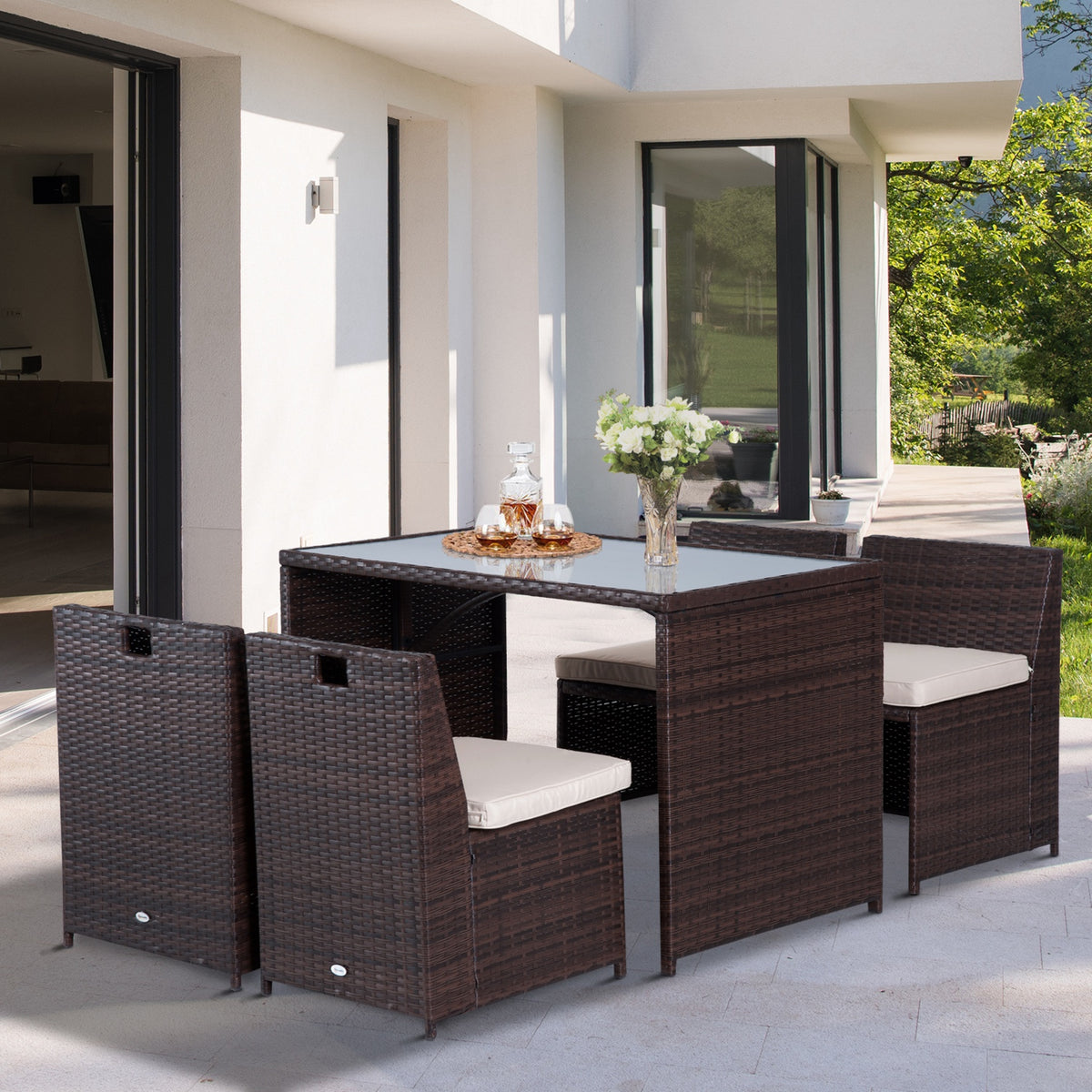  5-teiliges Polyrattan Gartenm?bel-Set, wetterfest Balkonm?bel f¨¹r 4 Personen Terrassenm?bel mit Tisch 4 St¨¹hle Kissen, Lounge-Set Essgruppe Sitzgruppe f¨¹r Balkon, Garten, Braun+Khaki
