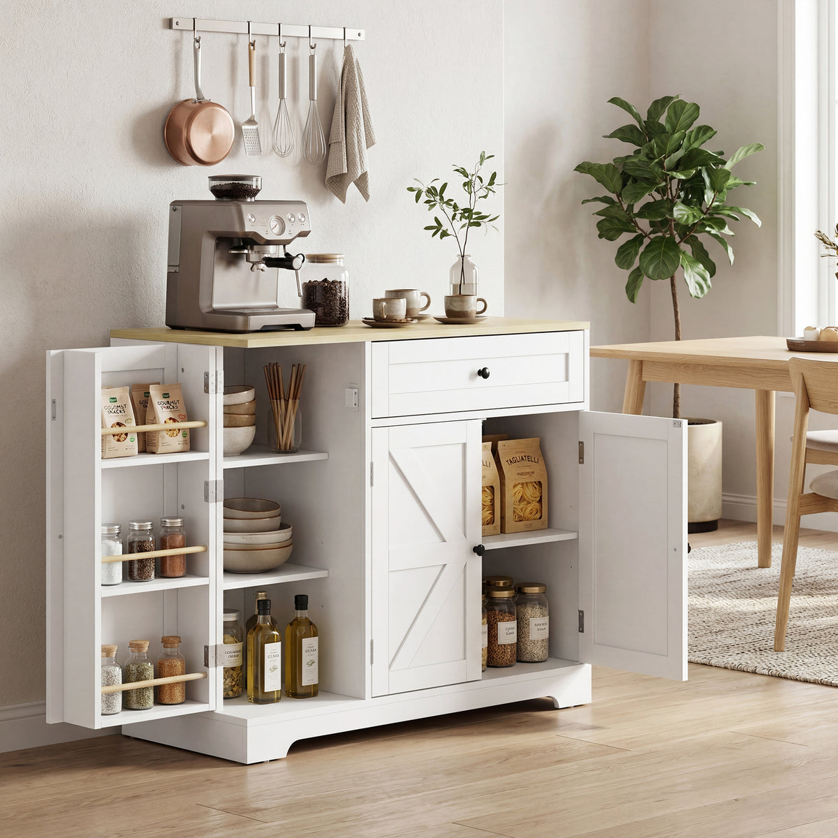 Sideboard, Landhausstil Küchenschrank mit Schiebetüren, 1 Schublade, 2 verstellbaren Einlegeböden, Türregalen