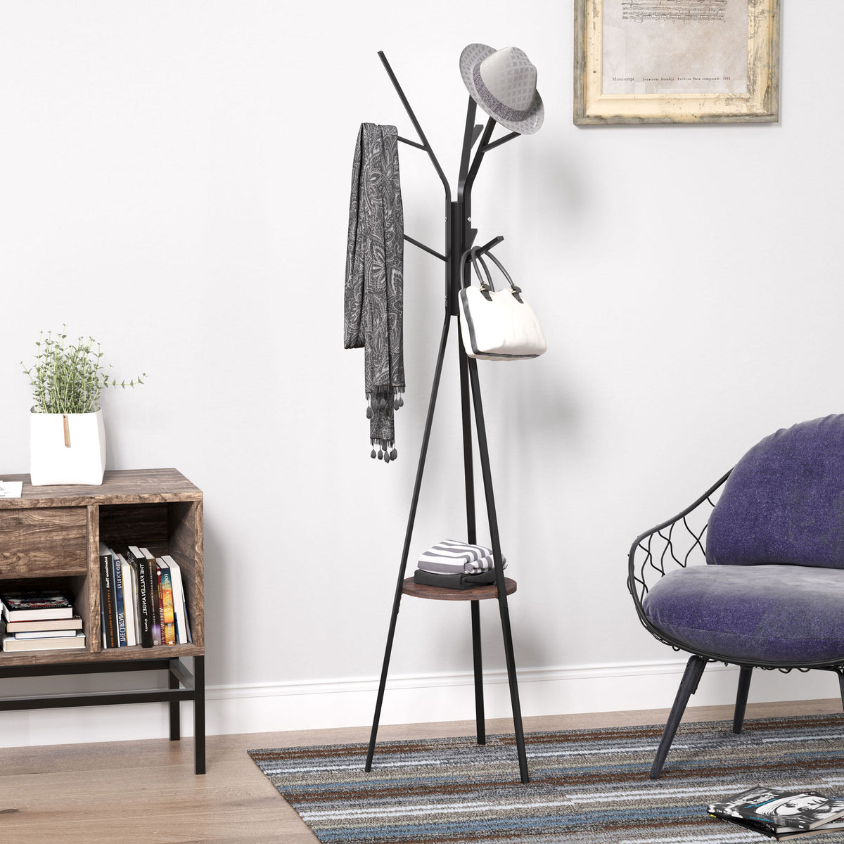 Freestanding Metal Coat Rack Stand 9 Hooks Clothes Tree with 1 Shelf Hat Display Hall Tree Hanger Bag Umbrella Hanging Organiser Brown