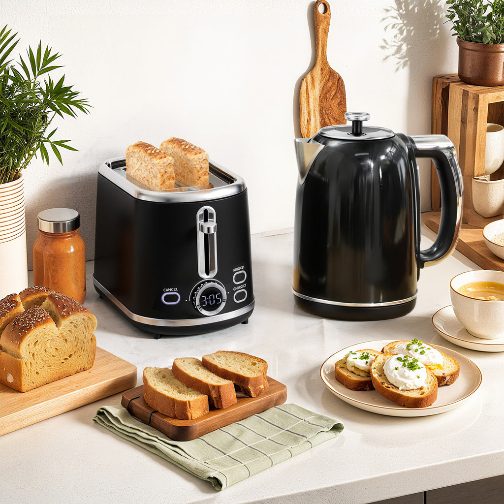 Wasserkocher Toaster Set mit 2 Scheiben Toaster, Schwarz