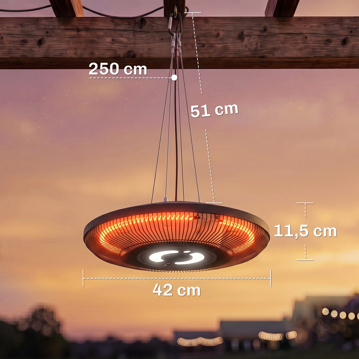 Infrarot Heizstrahler Hängend 2000W Carbonfaser Deckenheizstrahler mit LED-Beleuchtung Touch & Fernbedienung 2 Heizstufe