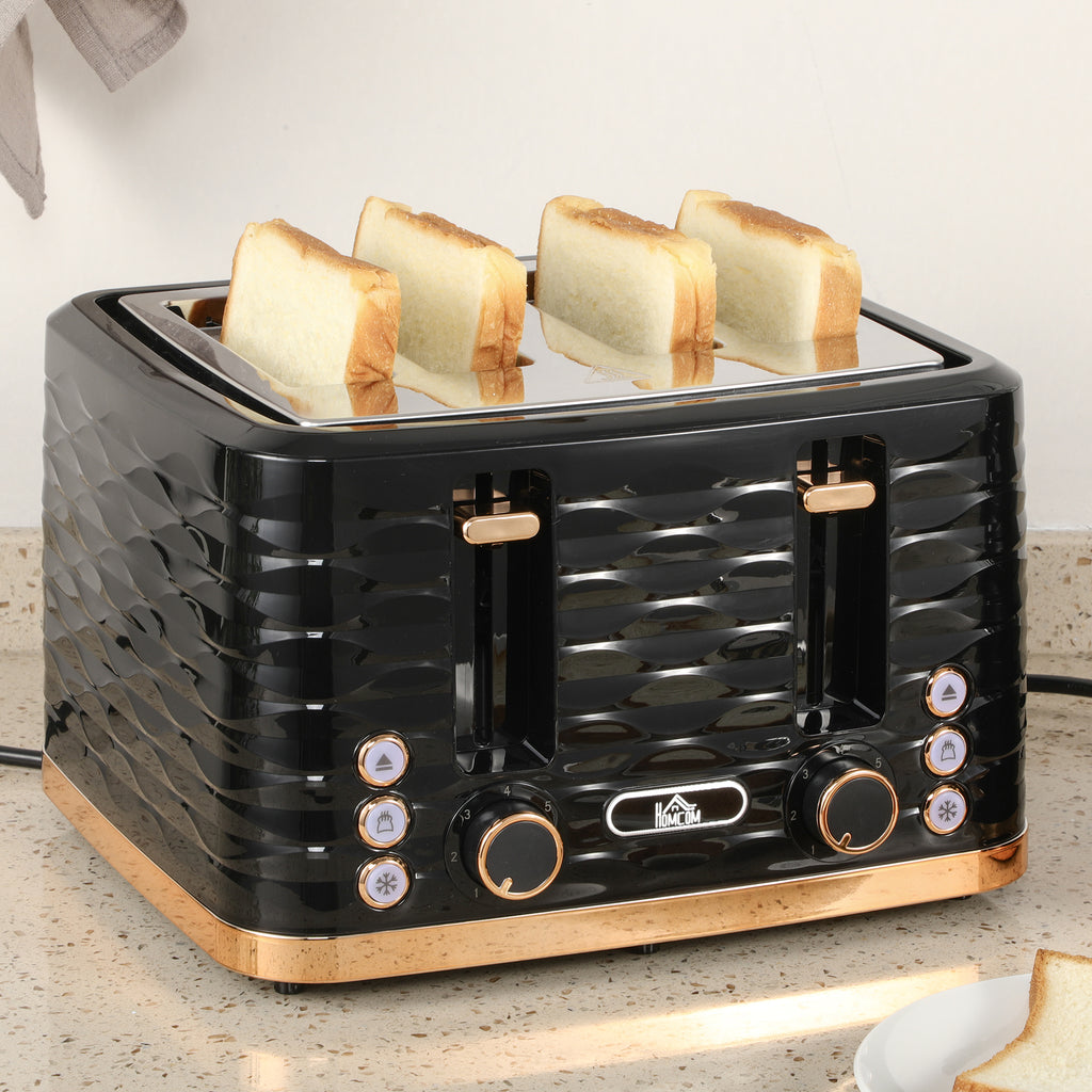 4-Scheiben-Toaster, wellenf?rmiges Design, mehrere Funktionen, Kr¨¹melfach, Schwarz