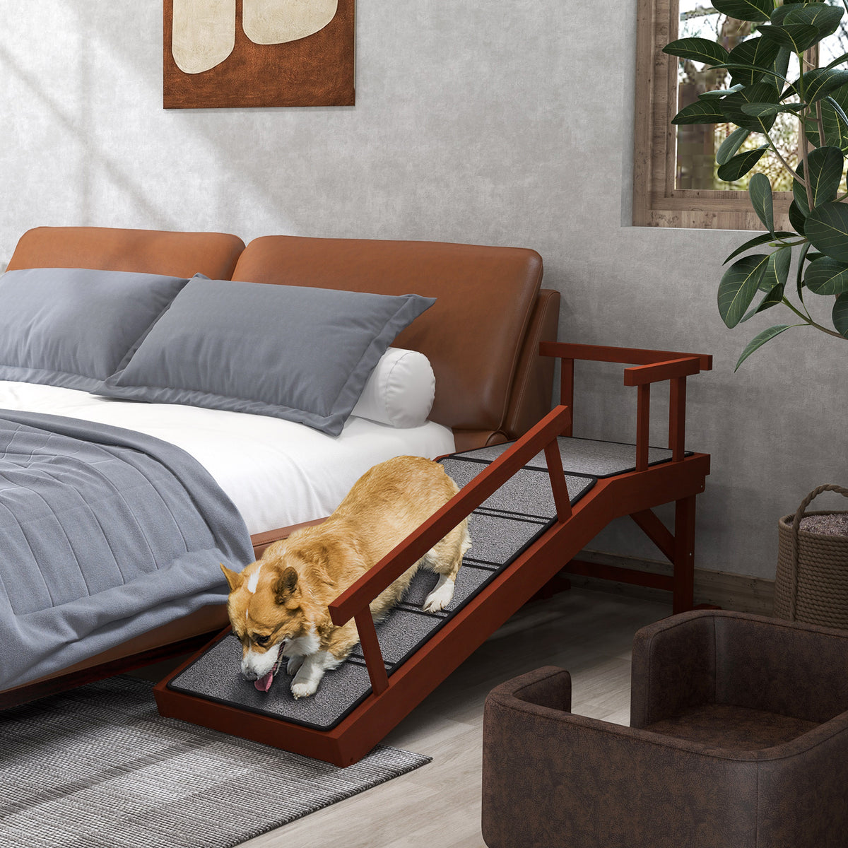 Wooden Dog Ramp with Removable Guardrails, Non-Slip Surface, 125 cm Long, Brown