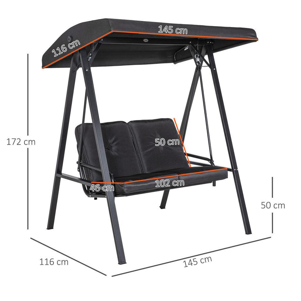 Two-Seater Garden Swing Bench, with Adjustable Canopy - Black