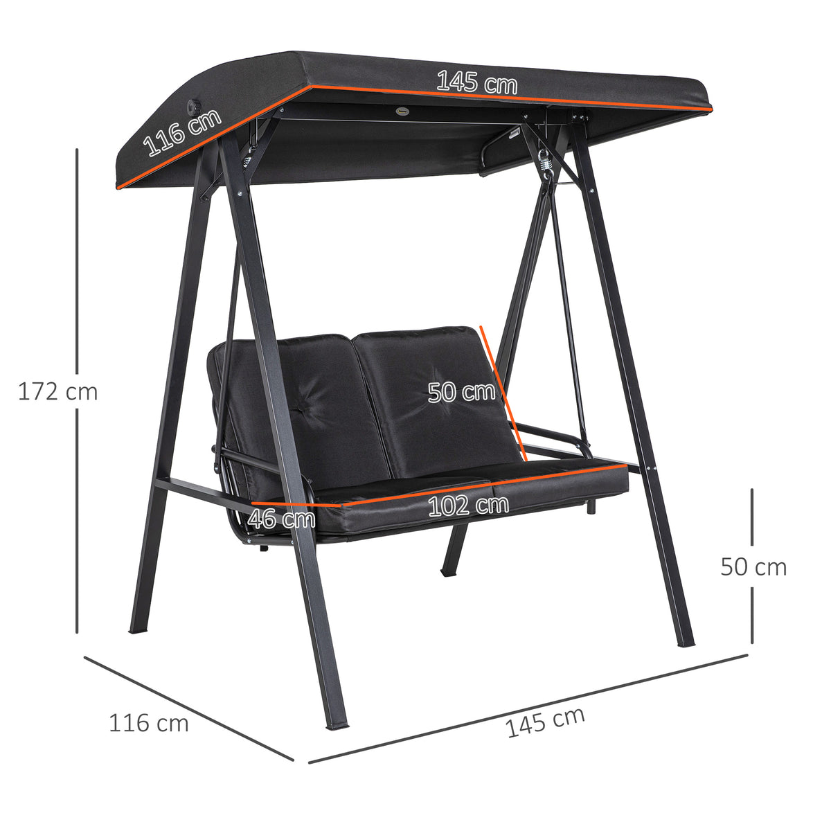 Two-Seater Garden Swing Bench, with Adjustable Canopy - Black