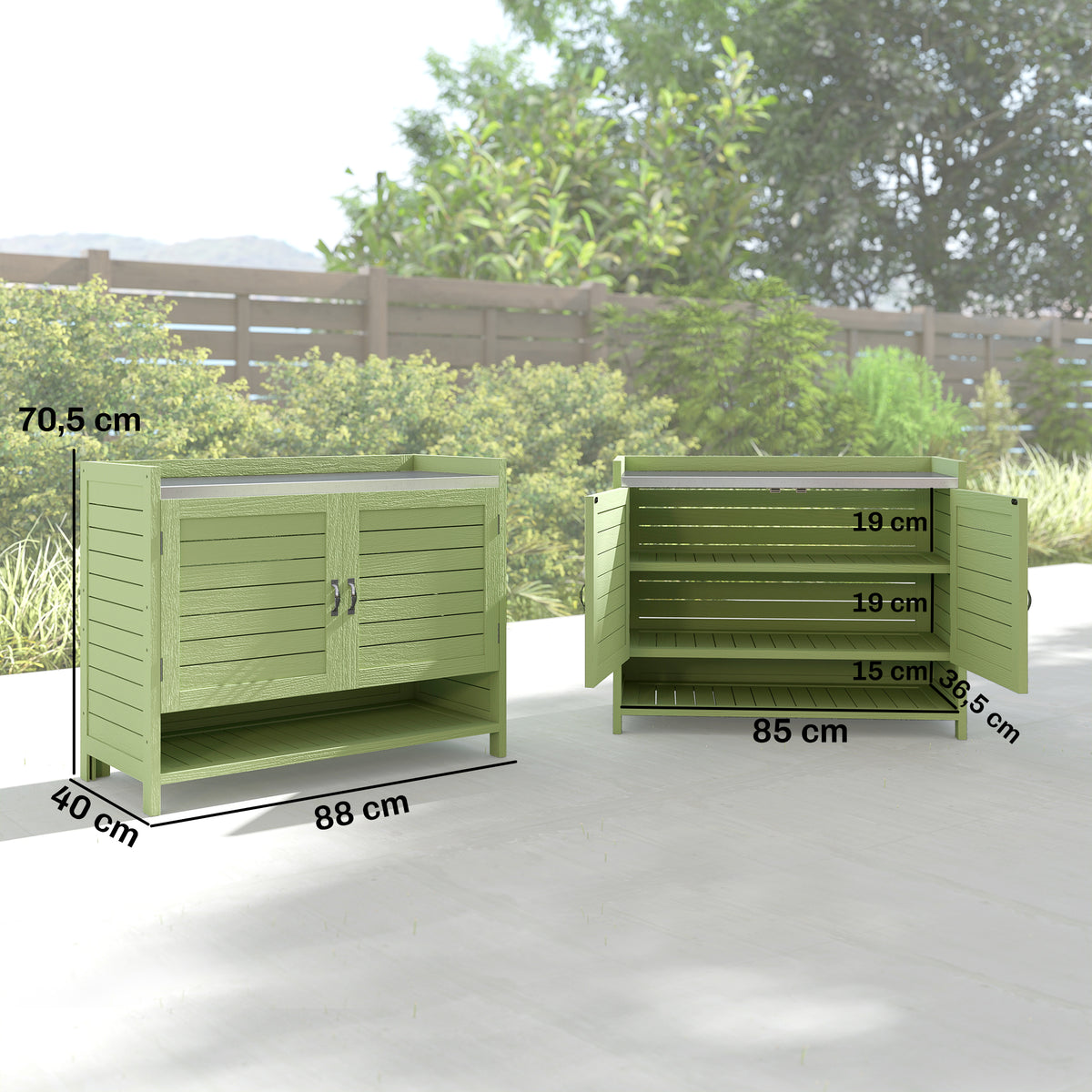 Pflanztisch mit Unterschrank aus Holz Outdoor Gartenschrank mit verzinkter Arbeitsplatte 3 Regalböden 88x40x70,5cm Grün