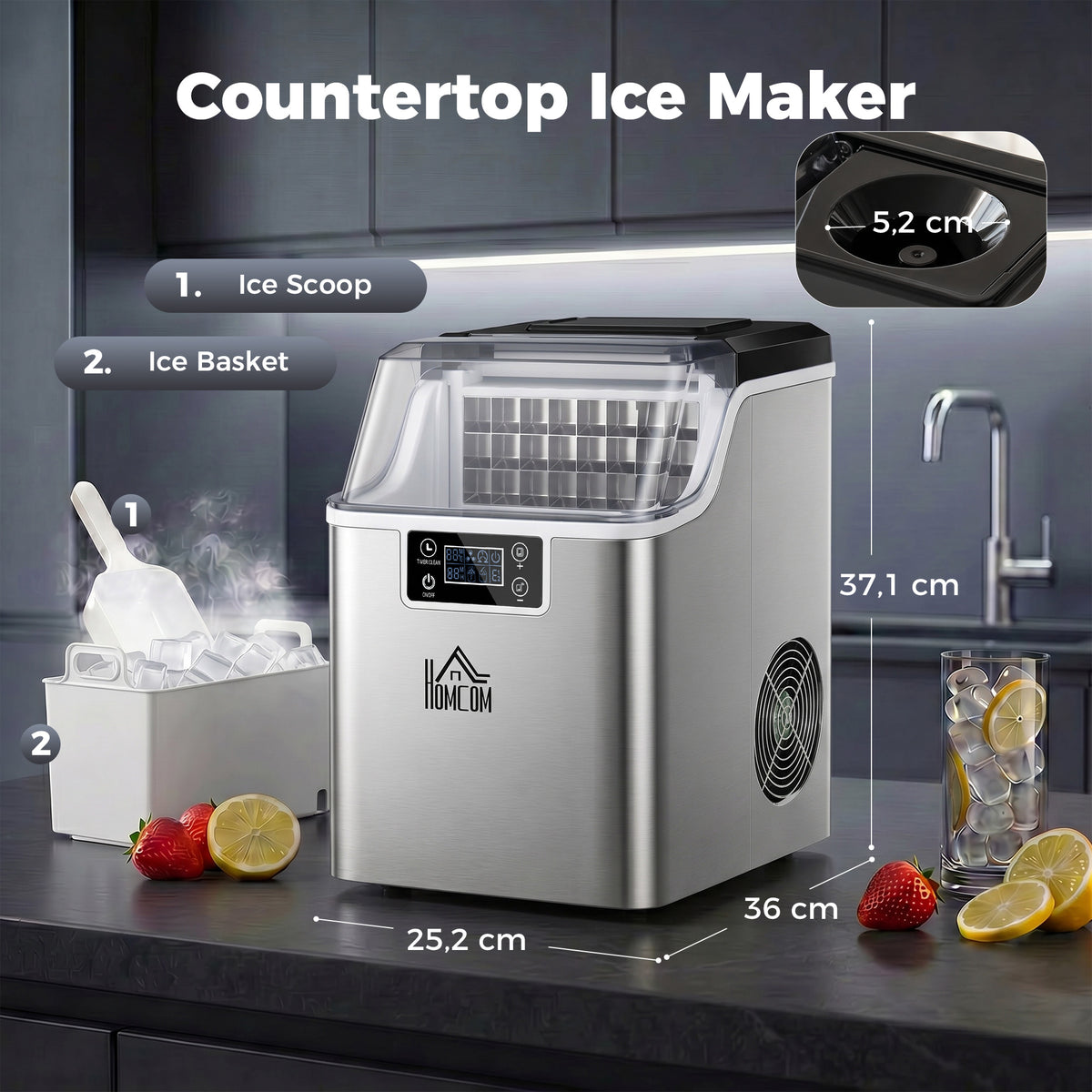 Eisw¨¹rfelmaschine Eisw¨¹rfelspender Ice-Maker 20kg/24h 2,3L Eisw¨¹rfelbereiter mit 3,2 L Wassertank, Silber