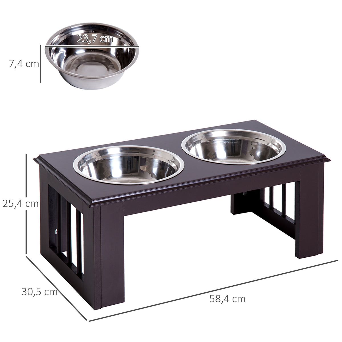 Raised Dog Feeding Bowls with Stand, Stainless Steel for Medium Dog, 58L x 31W x 25H cm - Brown