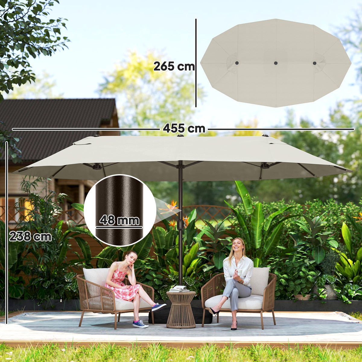 Doppelsonnenschirm 455 x 265 cm, UV Schutz Sonnenschirm mit Handkurbel, Ständer, Balkonschirm Strandschirm windfest Kurbelschirm Sonnenschutz für Strand Balkon Garten, Cremeweiß