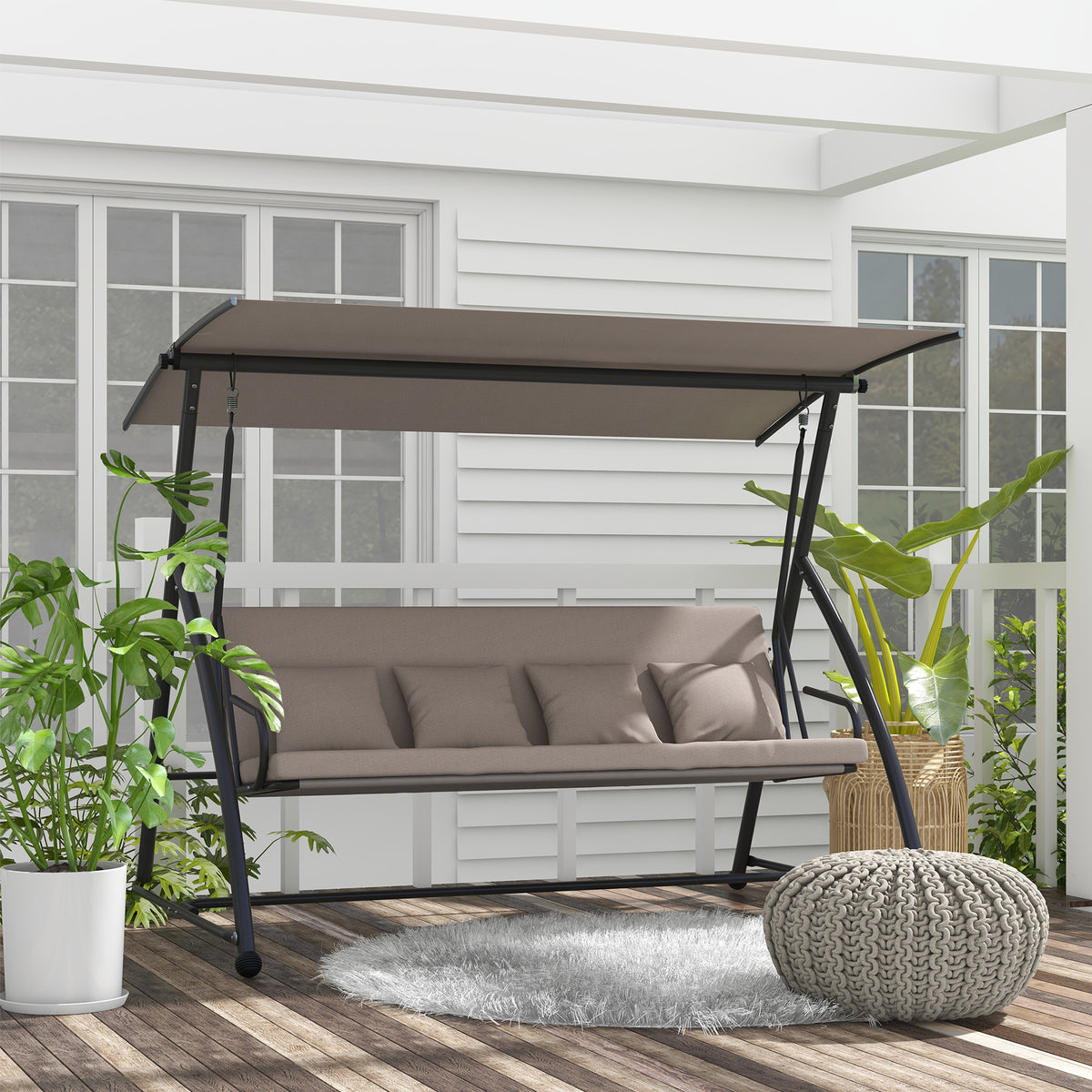 2 in 1 Hollywoodschaukel mit Liegefunktion, 3-Sitzer Gartenschaukel aus Stahl Schaukelbank 170x110x153cm, Hellbraun