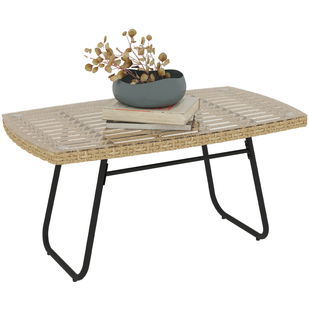 Polyrattan Gartentisch, 90 x 50 x 45 cm, UV-best?ndig Beistelltisch mit Glasplatte Naturholz