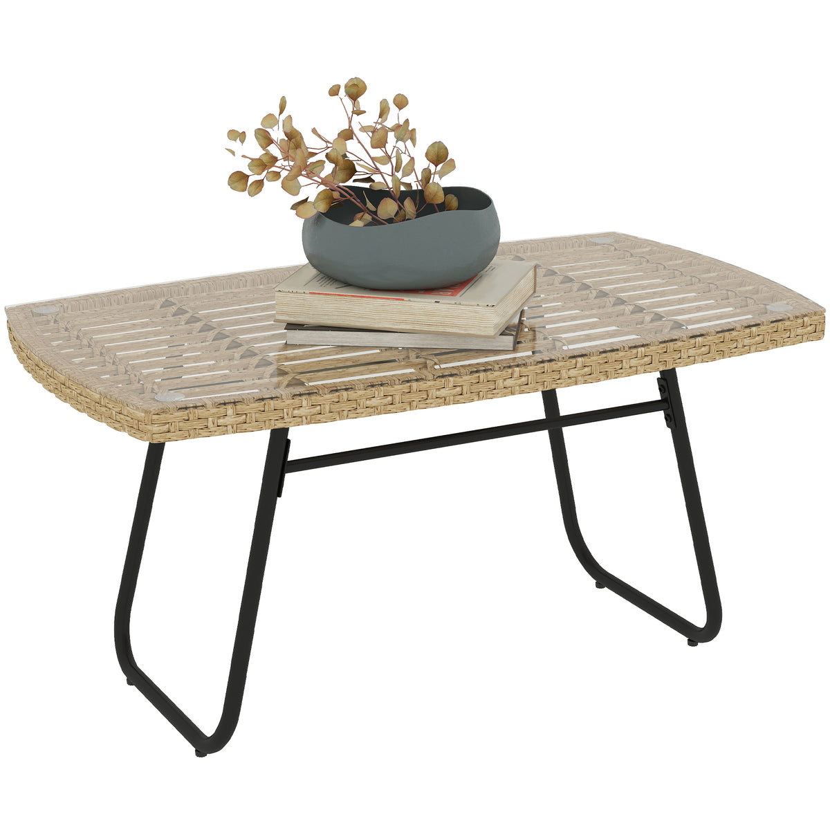 Polyrattan Gartentisch, 90 x 50 x 45 cm, UV-best?ndig Beistelltisch mit Glasplatte Naturholz
