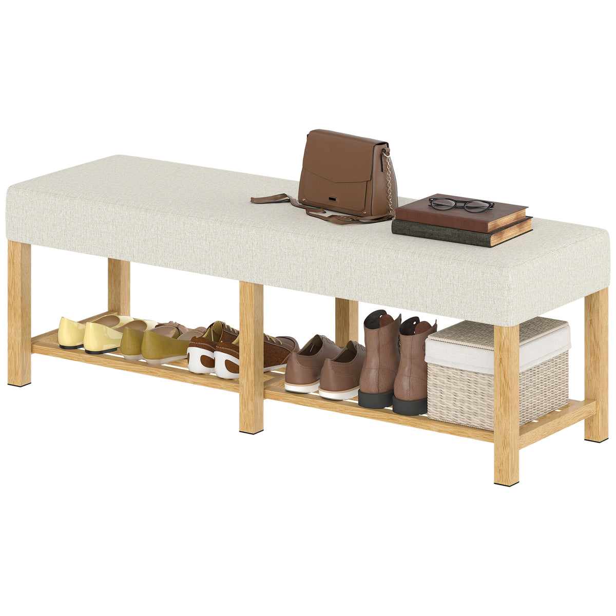 140 cm Schuhbank aus Massivholz, moderne Flurbank mit gepolsterter Sitzfläche für zwei Personen, Naturholz und Cremeweiß